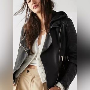 Free People We the Free Vegan Leather Moto Jacket with Hooded Sweatshirt NWT MED